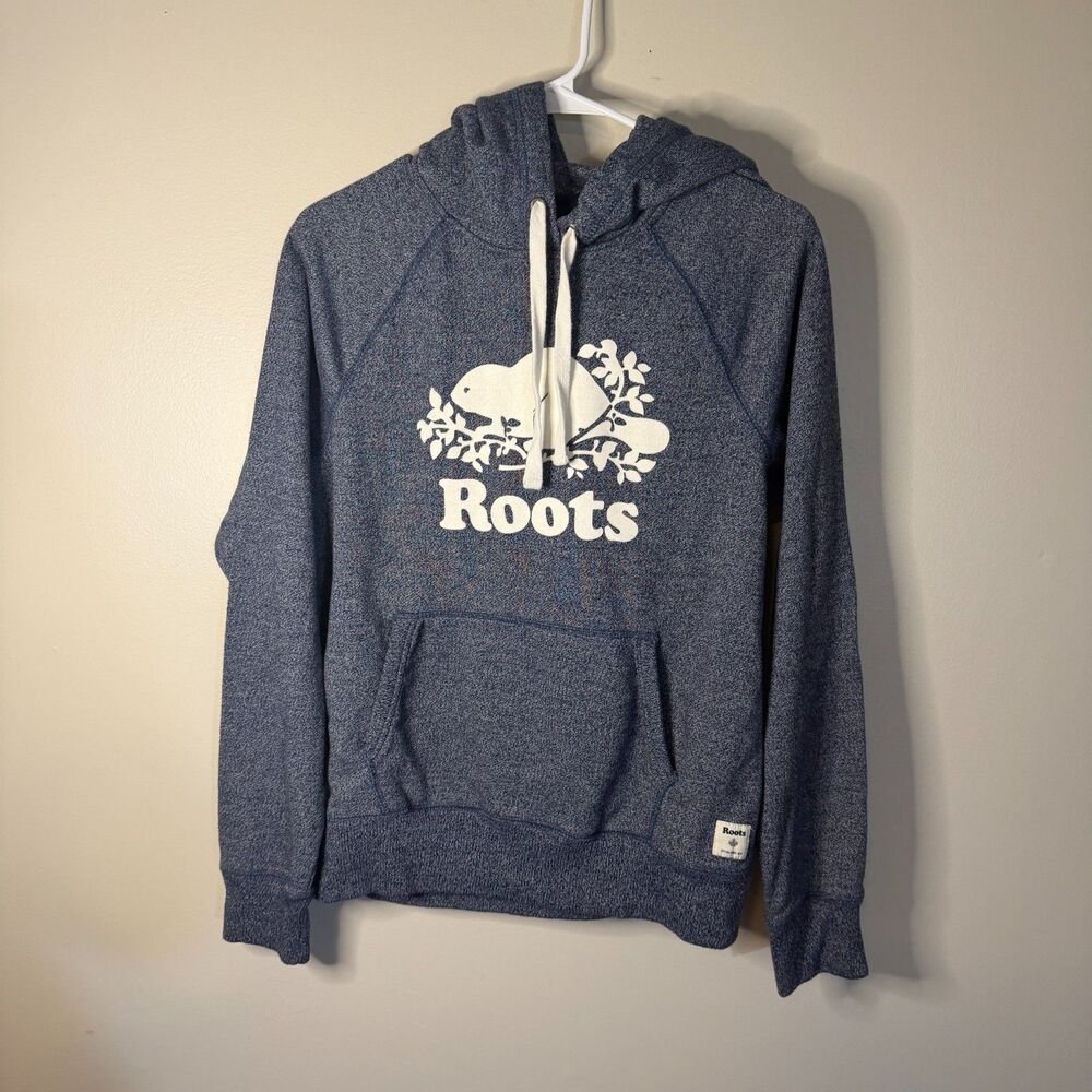 Roots blue heathered and white beaver logo hoodie size medium womens hood